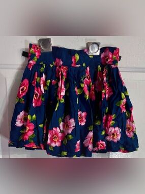 Hollister Floral Tiered Navy Blue Skirt with Pink Flowers